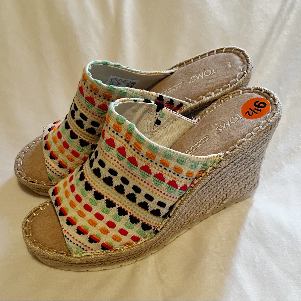TOMS Monica Mule Wedge Sandal Natural Woven Espadrille Boho Colorful Size 9.5